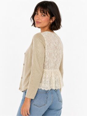 Knitted & Knotted Anthropologie Gold Shimmer Lace Back Cardigan Medium Boho